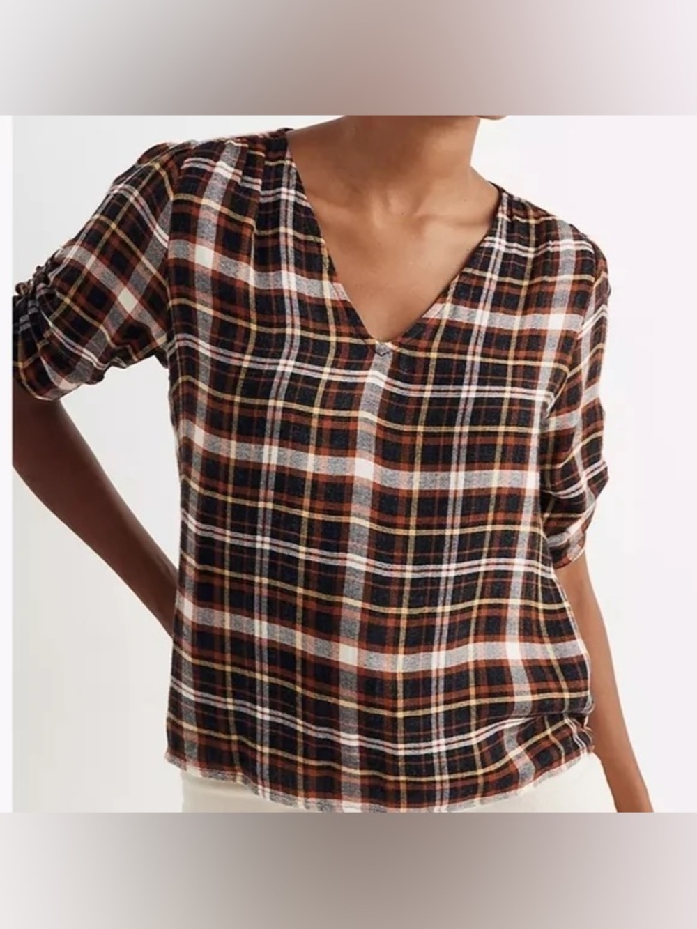 Madewell Plaid V-Neck Roll-Sleeve Top in Brown, Black & Cream